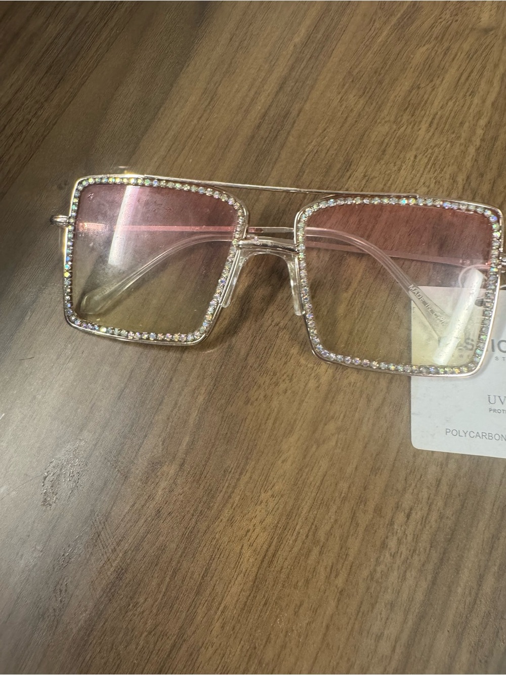 Modern Vintage Pink Gradient Square Sunglasses with Crystal Trim